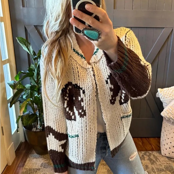 Western Cowichan Horse Knit Cardigan Sweater - Lavender Tribe
