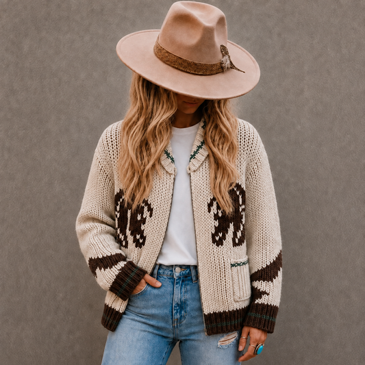 A woman wearing a cream knit cardigan with dark brown geometric patterns, a beige wide-brim hat, a white t-shirt, and light blue jeans, standing against a textured gray wall.