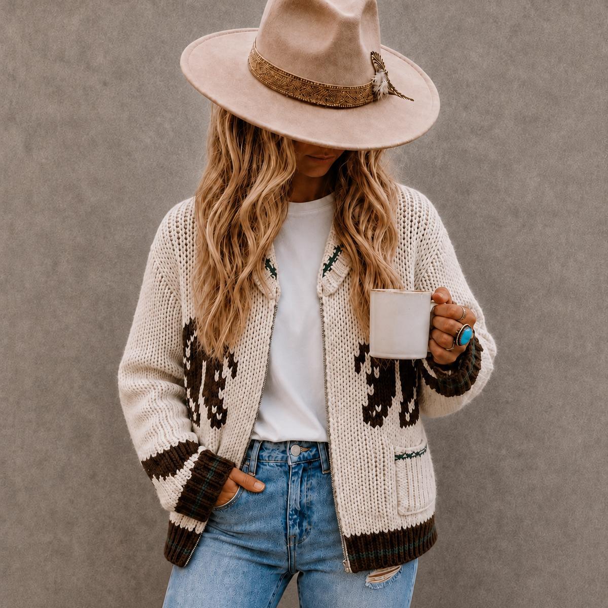 A woman wearing a cream knit cardigan with dark brown geometric patterns, a beige wide-brim hat, a white t-shirt, and blue jeans, holding a white mug against a textured gray background.