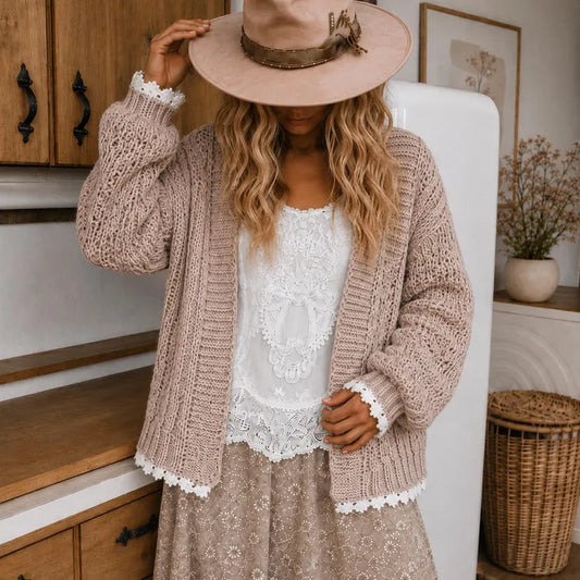 Heirloom Lace Trim Cardigan Sweater - Lavender Tribe