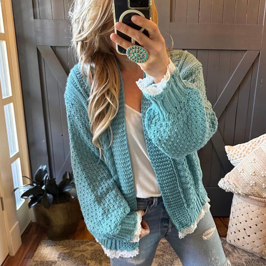 Heirloom Lace Trim Cardigan Sweater - Lavender Tribe