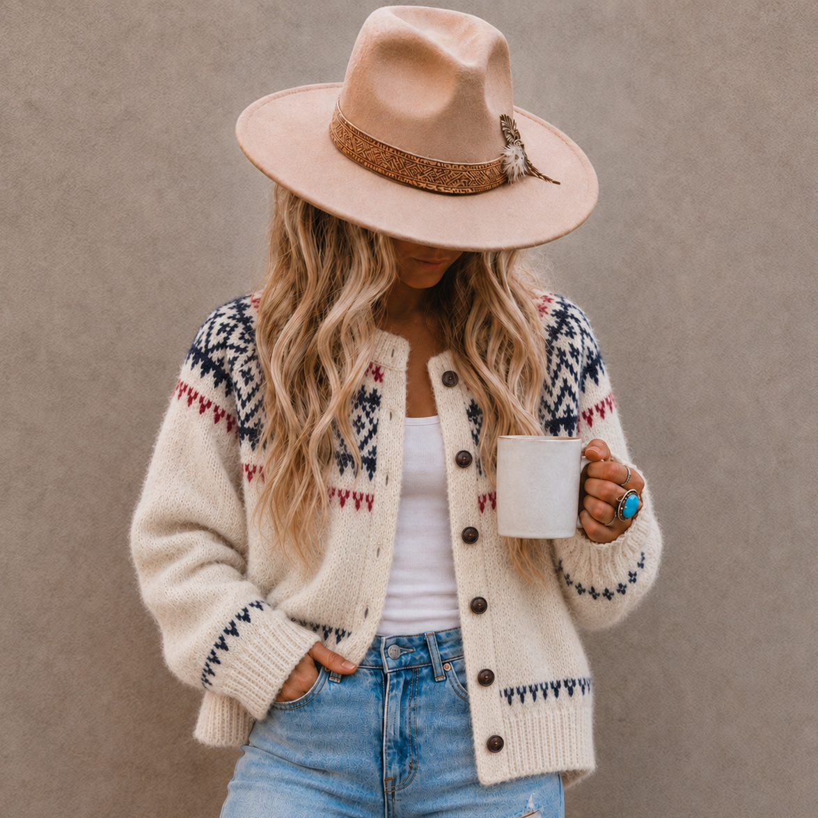 A woman wearing a cream knit cardigan with a navy and red Fair Isle pattern, a beige wide-brim hat, and light blue jeans, holding a white mug against a textured gray background.