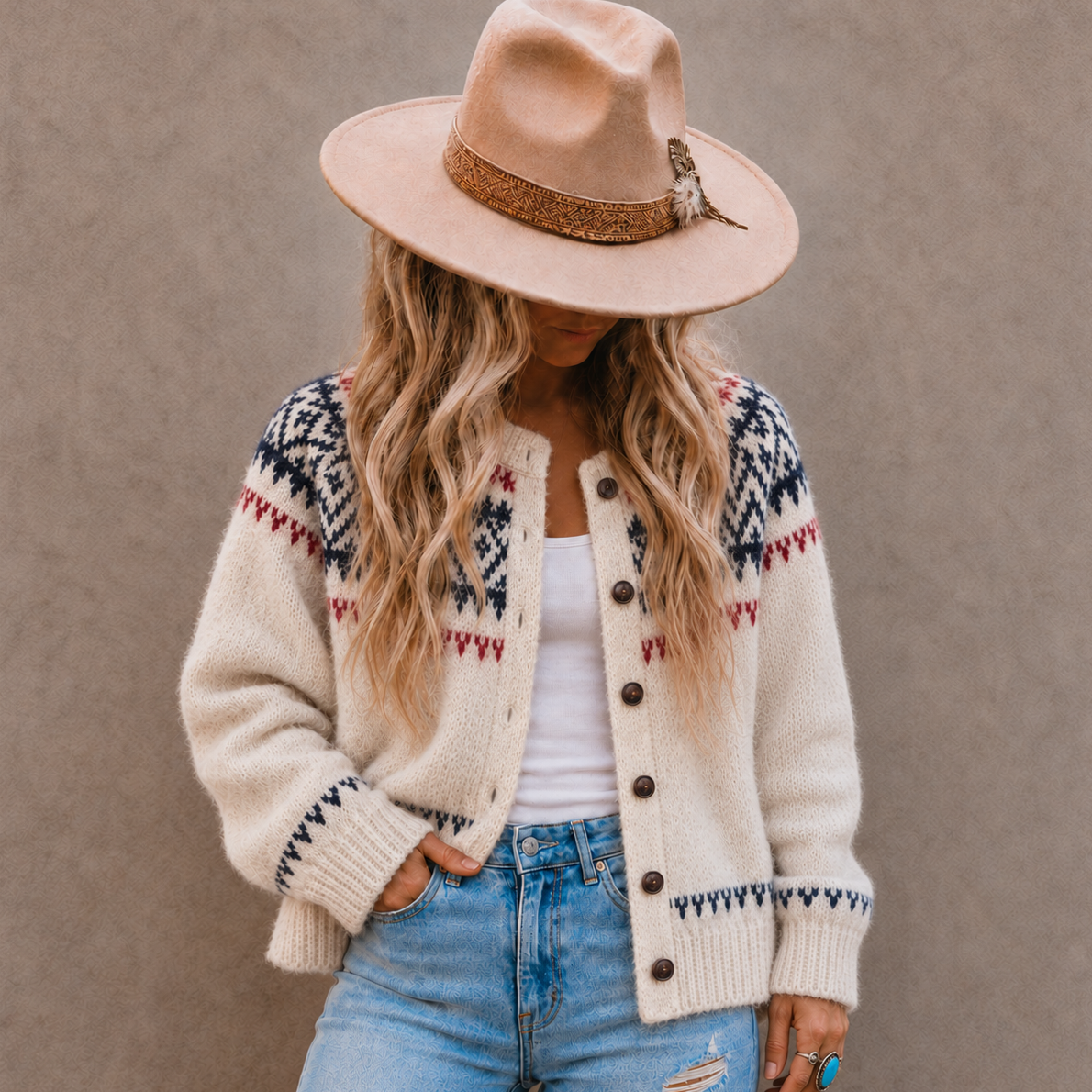 A woman wearing a cream knit cardigan with a colorful geometric pattern, a beige wide-brim hat, and light blue jeans, standing against a textured gray wall.