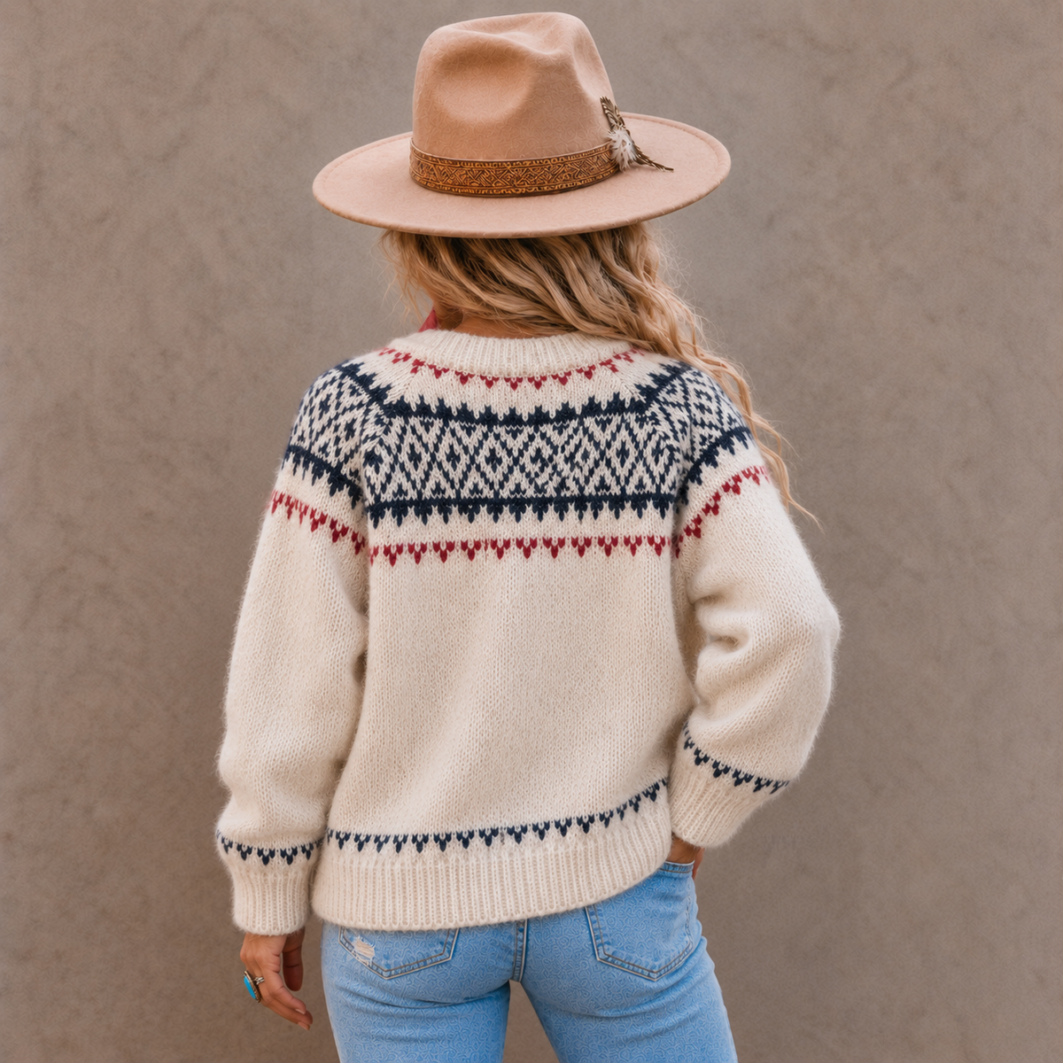 A woman viewed from behind wearing a cream knit sweater with a navy and red Fair Isle yoke pattern, paired with light blue jeans and a tan wide-brim hat against a textured gray wall.