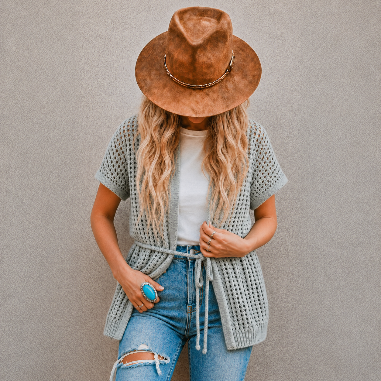 Blue Crochet Knit Cotton Belted Cardigan 2