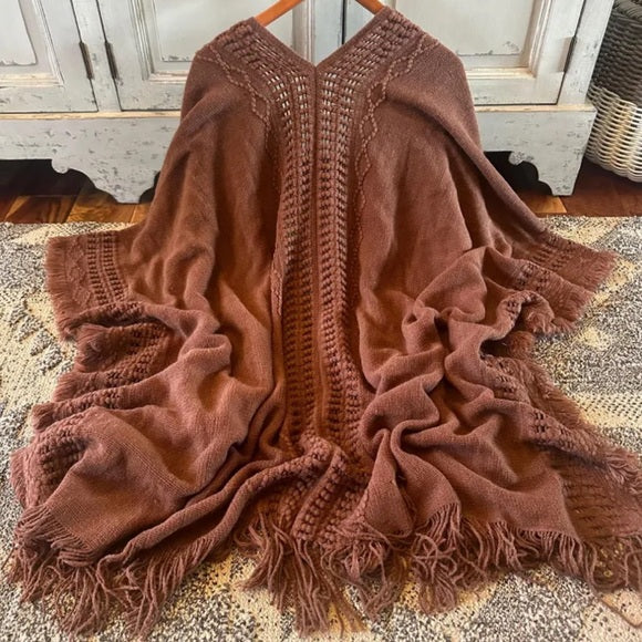 Back View Lavender Tribe  Bohemian Loom Brown Knit Shall Cardigan 