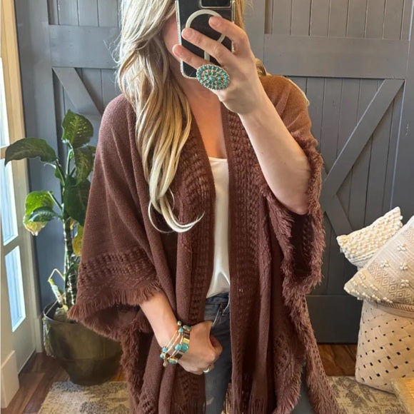 Model Western Lavender Tribe  Bohemian Loom Brown Knit Shall Cardigan 