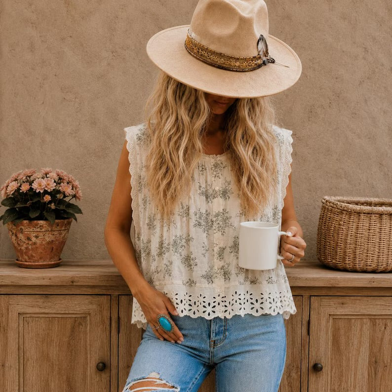 Cottage Toile Floral Sleeveless Blouse