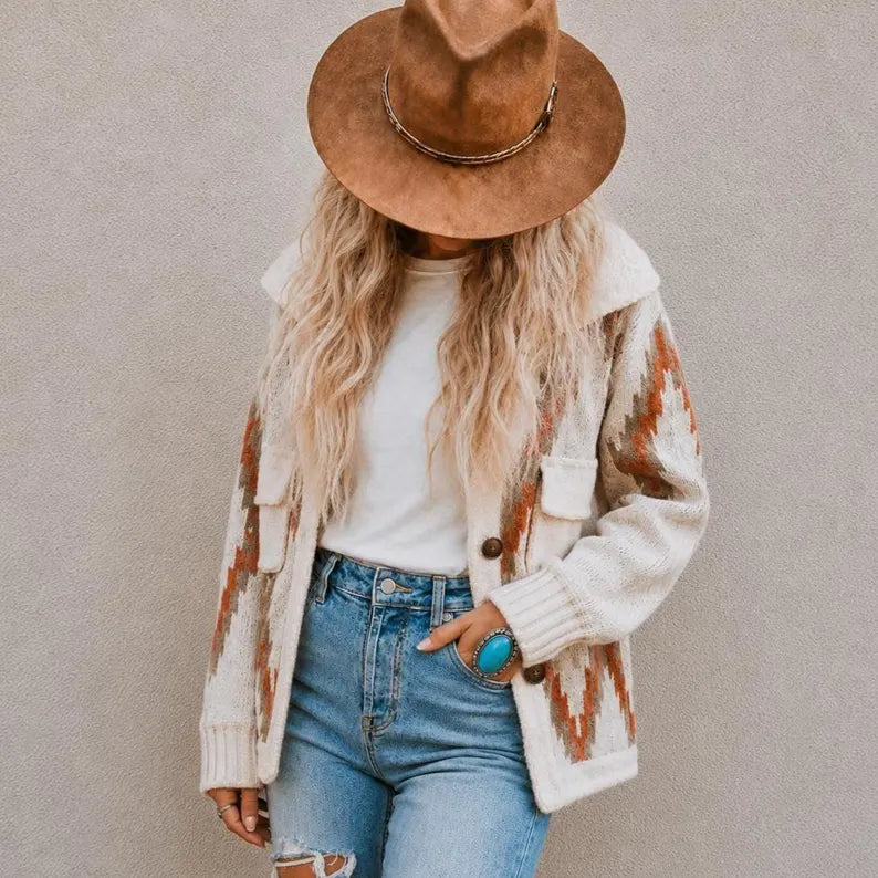 A woman wearing a brown wide-brim hat, a cream knit cardigan with orange geometric patterns, a white t-shirt, and blue jeans, standing against a textured gray wall.