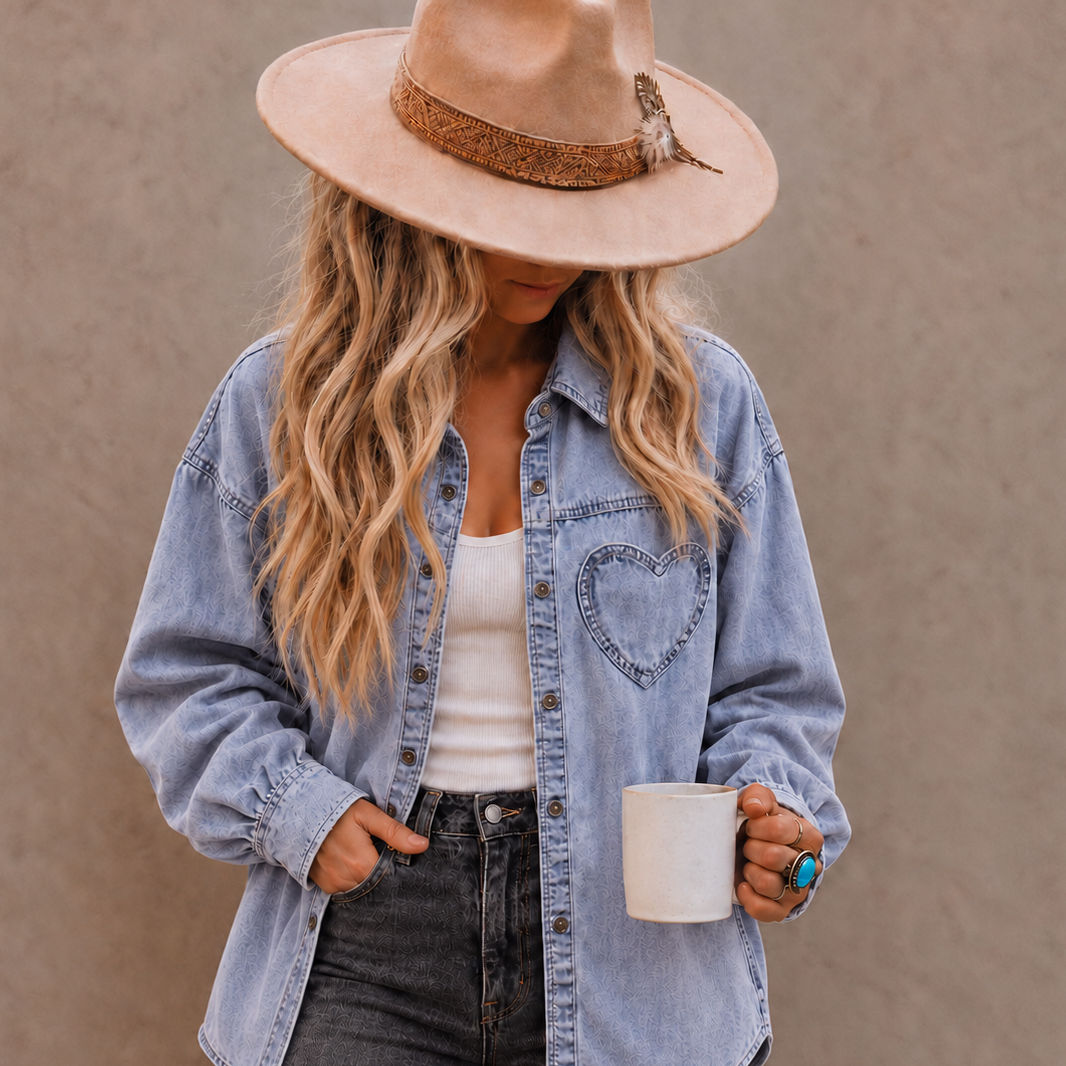 A woman wearing a light blue denim shirt with a heart patch on the pocket, a beige wide-brim hat, a white tank top, and dark gray jeans, holding a white mug against a textured brown wall.