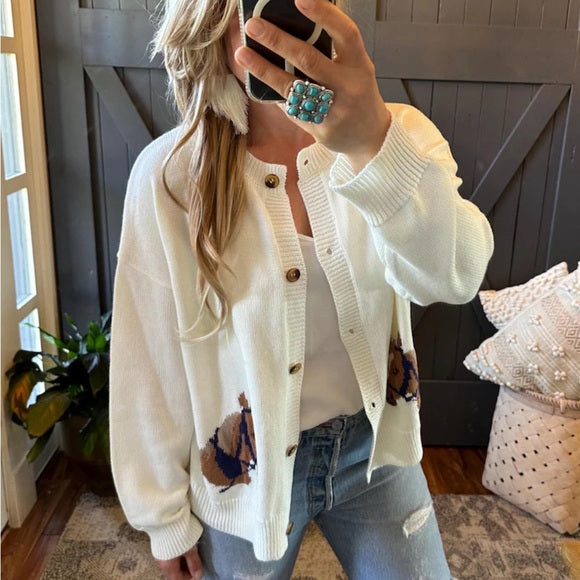 Model Outfit Lavender Tribe Design Derby Western Horse Knit Cardigan Sweater 