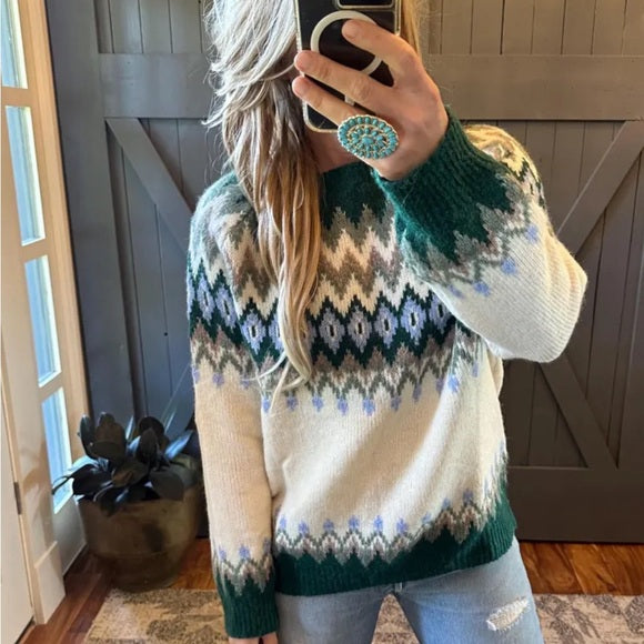 Person wearing a green and white patterned sweater taking a mirror selfie.