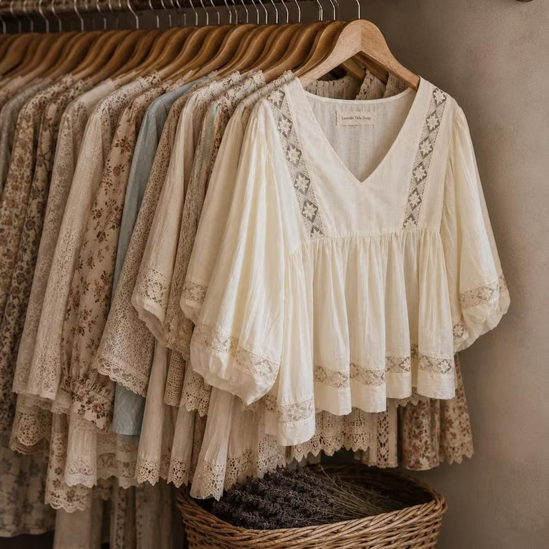 A cream-colored lace blouse with puff sleeves and a ruffled peplum hem hangs on a wooden hanger on a clothing rack, surrounded by other vintage-style dresses.