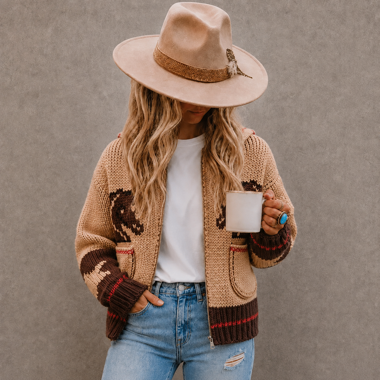 A woman wearing a beige knit cardigan with brown and red geometric patterns, a beige wide-brim hat, a white t-shirt, and light blue jeans, holding a white mug against a textured gray wall.
