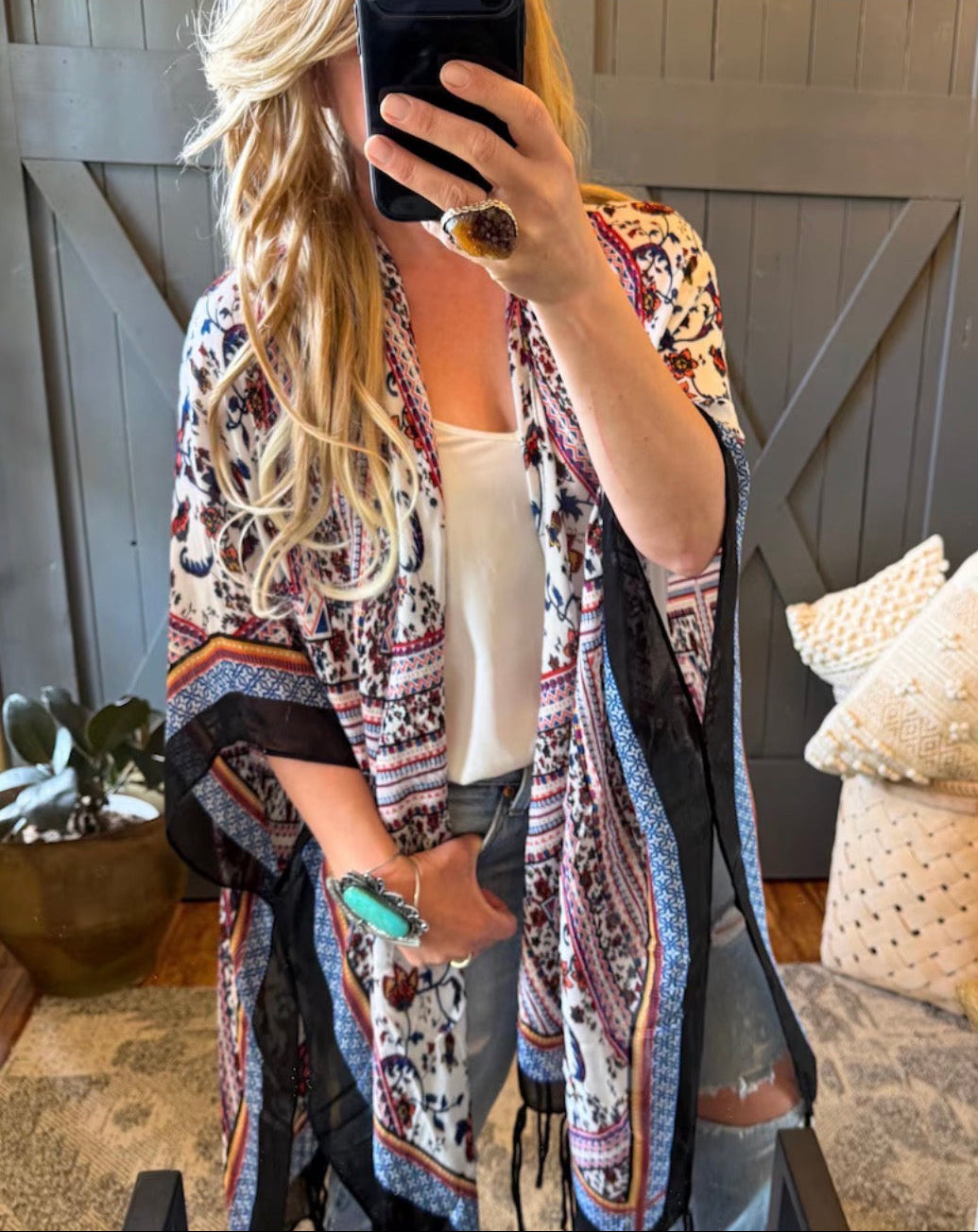 Lavender Tribe  Lightweight Cardigan Kimono Bohemian Top - Floral Print and Fringed Hem