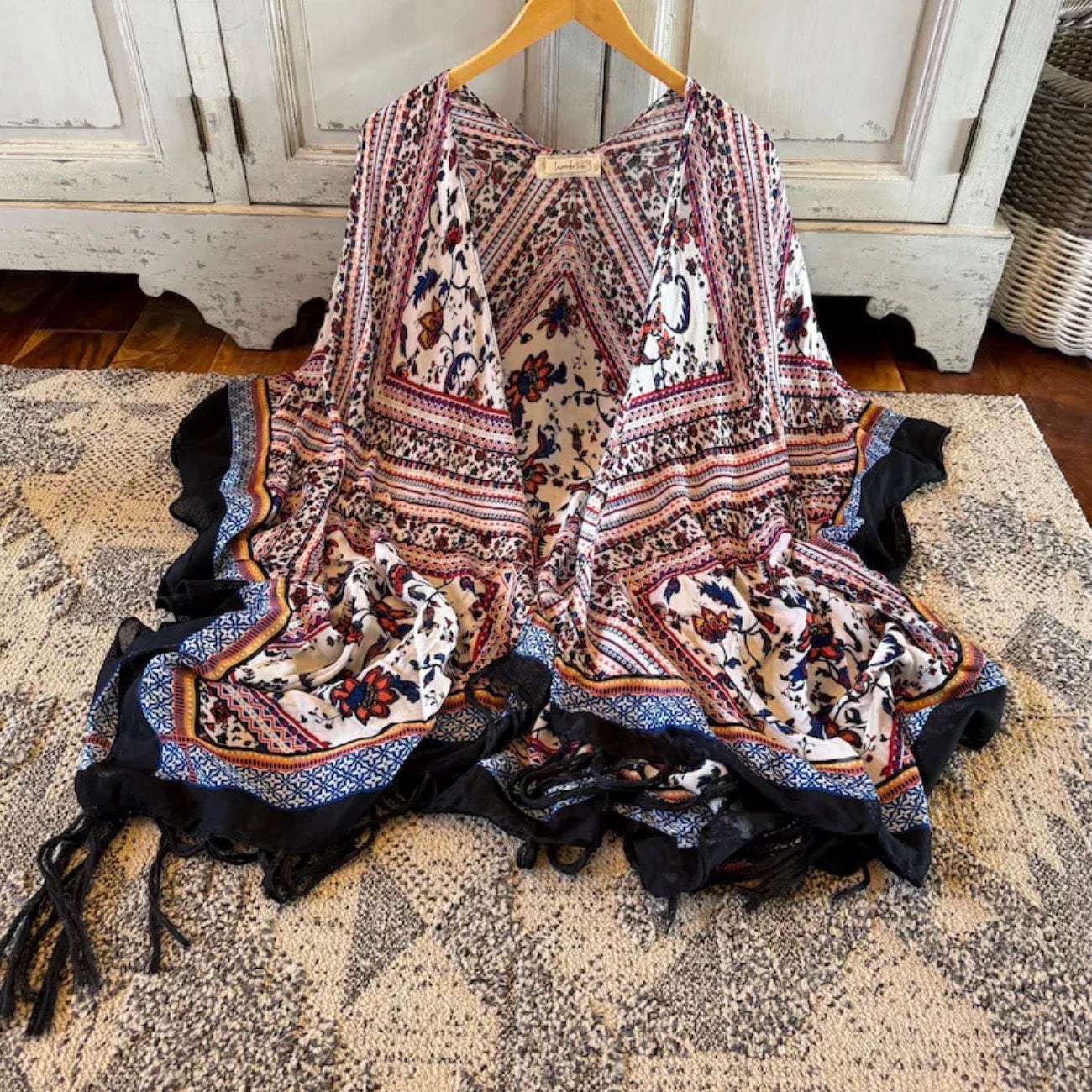Lavender Tribe  Lightweight Cardigan Kimono Bohemian Top - Floral Print and Fringed Hem