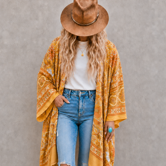 A woman stands against a textured gray wall wearing a wide-brim brown hat, a white top, blue jeans, and a flowing mustard yellow patterned kimono-style wrap with tassels.