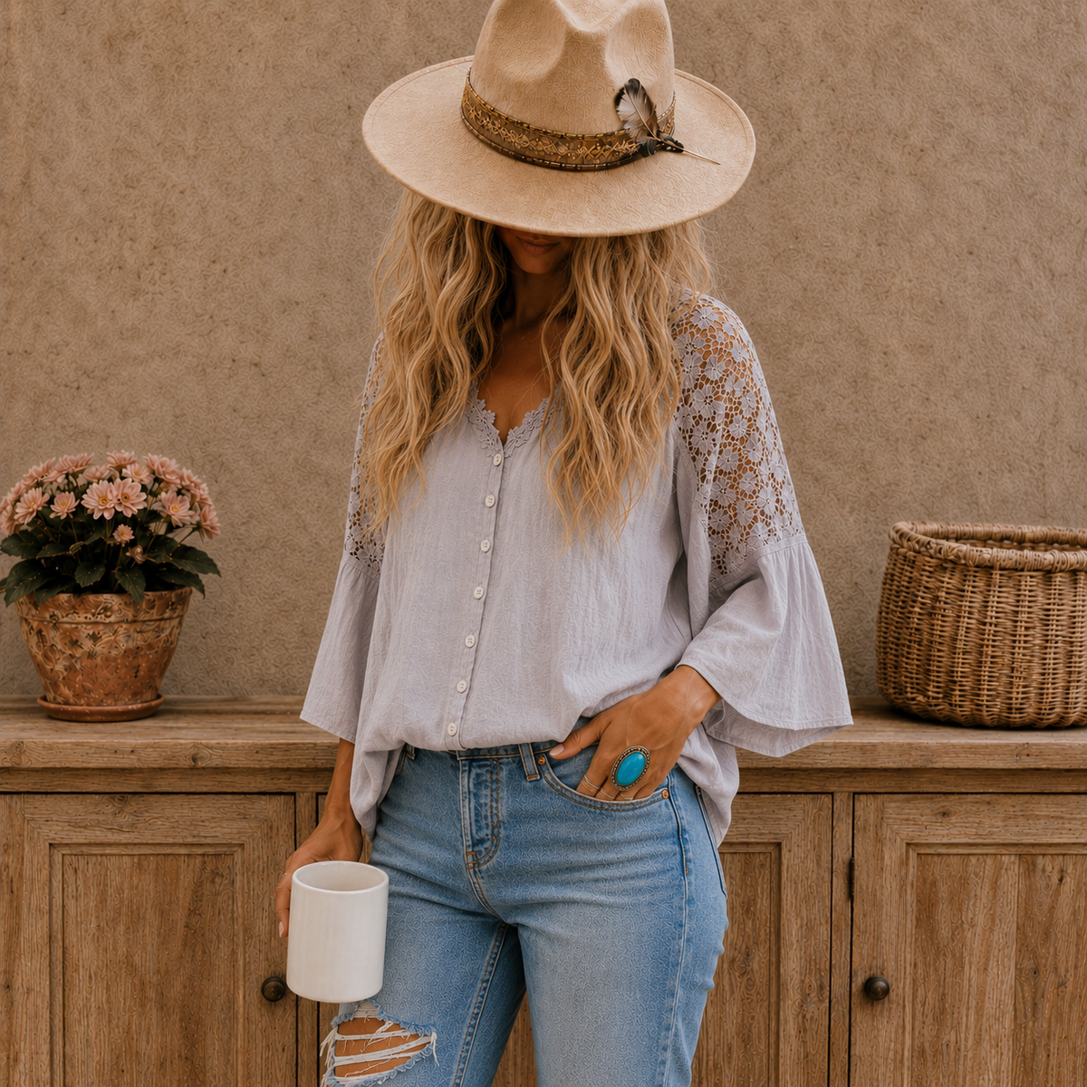 A woman wearing a light gray lace-trimmed button-up blouse with flared bell sleeves, a beige wide-brim hat, and light-wash distressed jeans, standing in front of a rustic wood cabinet and textured beige wall.