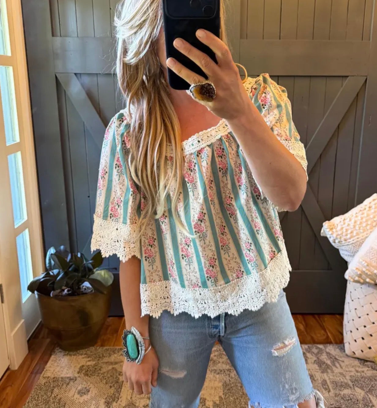 Model Wearing Floral Cotton Blouse by Lavender Tribe Design.