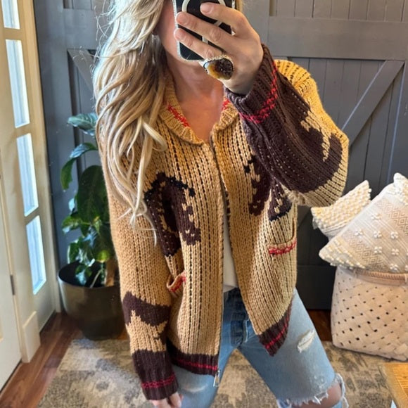 Western Cowichan Horse Knit Cardigan Sweater - Lavender Tribe