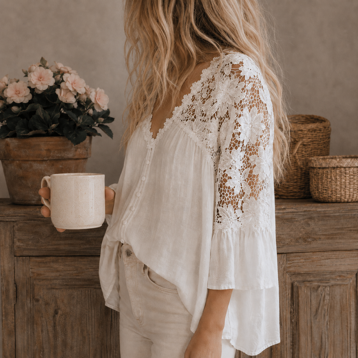 Roslyn White Lace Button Front Blouse