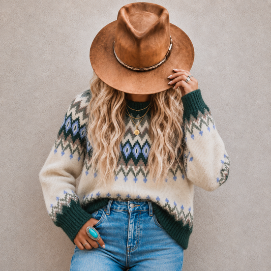 A person wearing a brown wide-brim hat, a cream knit sweater with dark green and blue geometric patterns, and blue jeans, standing against a textured gray wall.