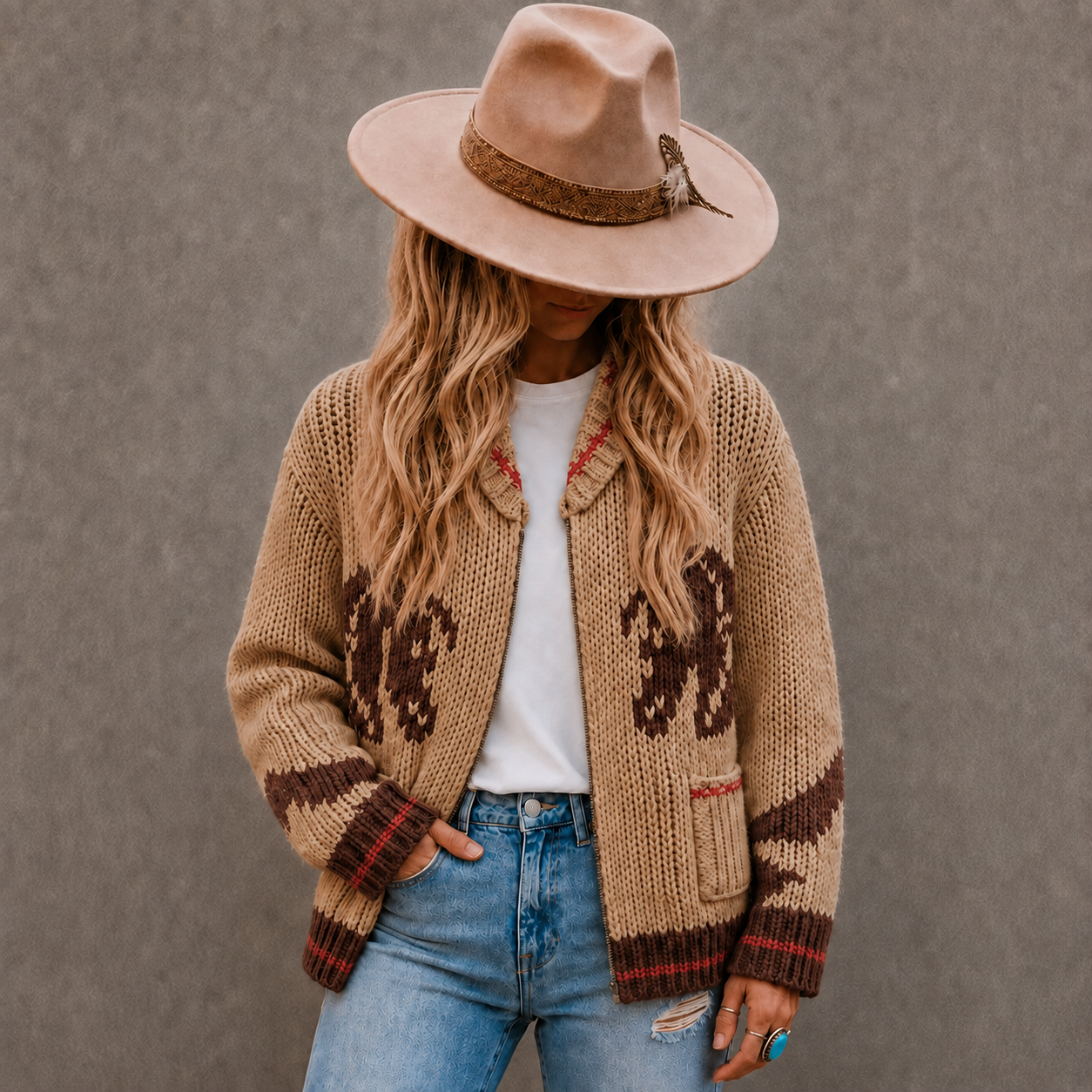 A woman wearing a beige knit cardigan with brown and red Southwestern-style patterns, a beige wide-brim hat, a white t-shirt, and blue jeans, standing against a textured gray wall.
