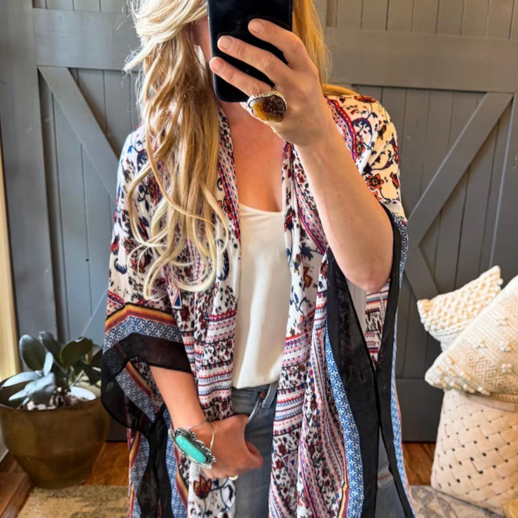 Lightweight Cardigan Kimono Bohemian Top - Floral Print and Fringed Hem