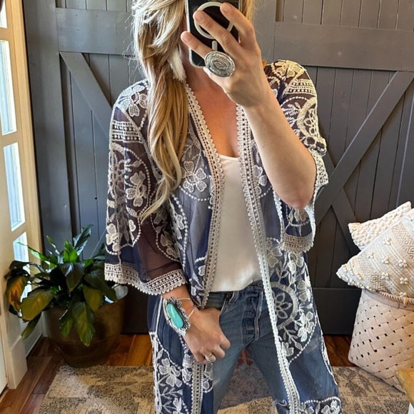 Model Outfit Handmade Navy Blue Embroidered Kimono 