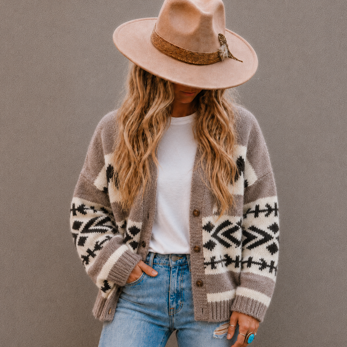 A woman wearing a beige wide-brim fedora hat, a brown and cream patterned knit cardigan over a white t-shirt, and light blue jeans, standing against a solid gray background.