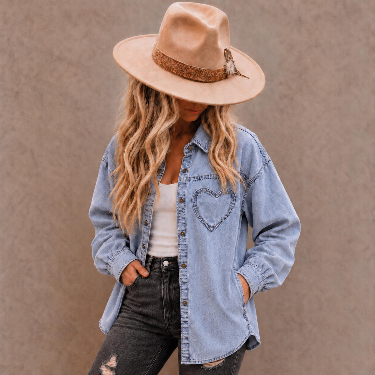 A woman wearing a light blue denim button-up shirt with a heart-shaped chest pocket, a white tank top, dark distressed jeans, and a wide-brim tan hat, standing against a textured brown background.