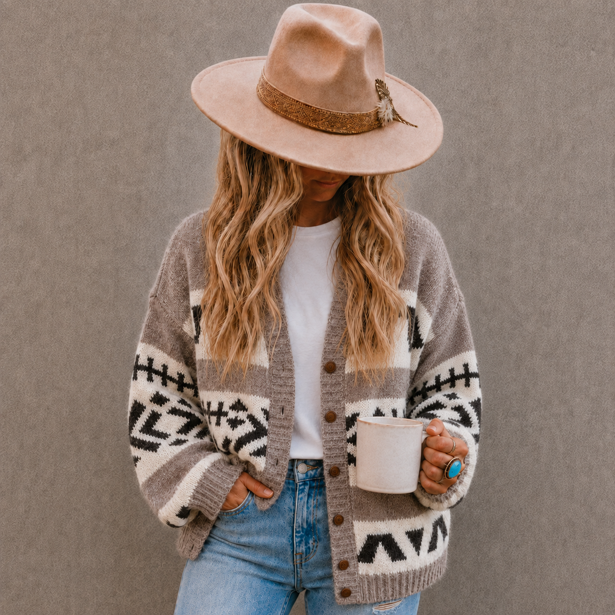 A woman wearing a beige wide-brim hat, a gray and white patterned knit cardigan over a white t-shirt, and blue jeans, holding a white mug against a textured gray wall.