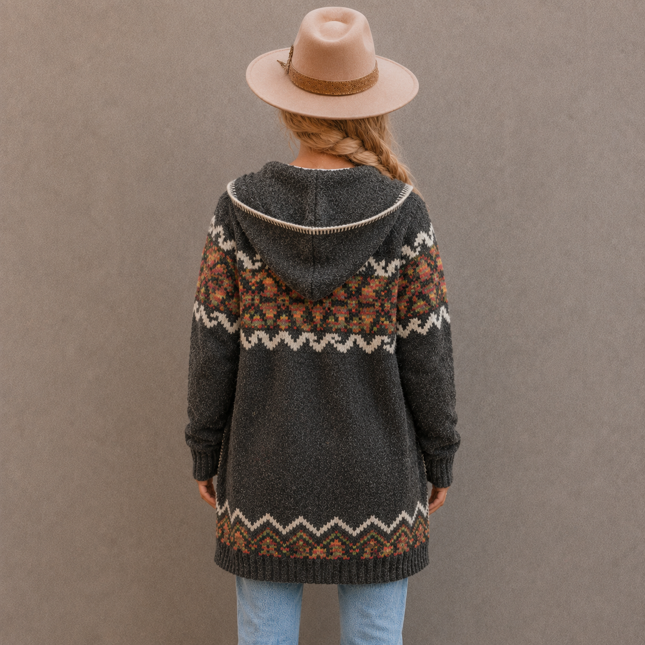 A woman viewed from behind wearing a dark gray knit hooded sweater with a colorful Fair Isle pattern across the shoulders and hem, paired with a beige wide-brim hat and light blue jeans, against a plain gray background.