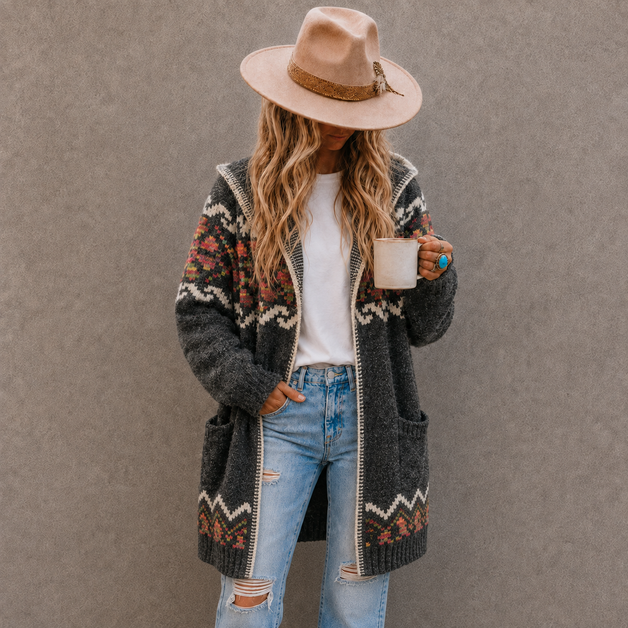 A woman wearing a dark gray knit cardigan with a colorful Fair Isle pattern, a beige wide-brim hat, a white t-shirt, and light blue ripped jeans, holding a white mug against a textured gray wall.