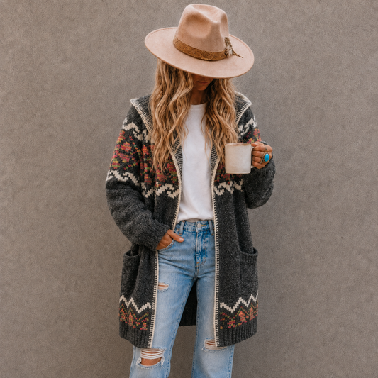 A woman wearing a dark gray knit cardigan with a colorful Fair Isle pattern, a beige wide-brim hat, a white t-shirt, and light blue ripped jeans, holding a white mug against a textured gray wall.