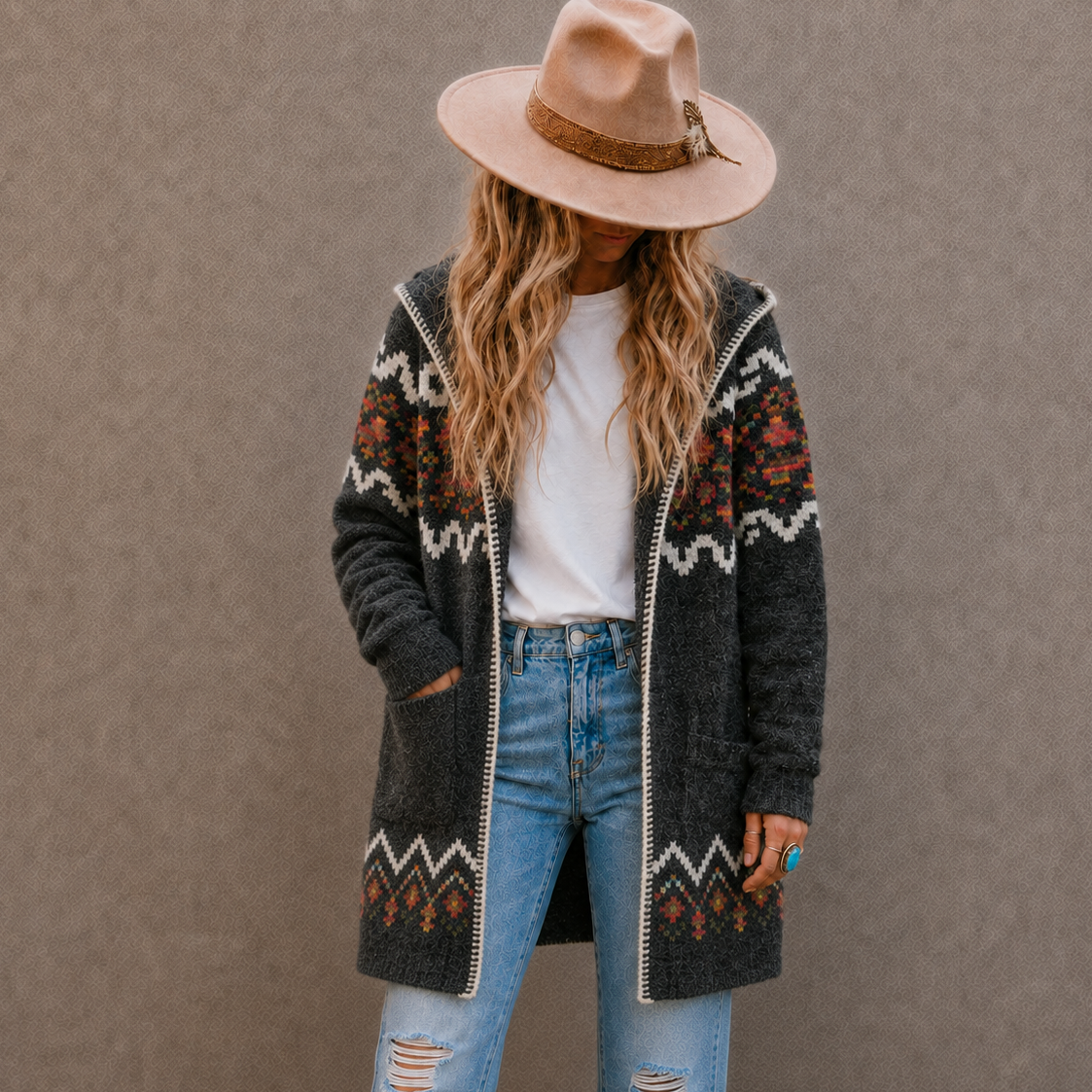 A woman wearing a dark gray knit cardigan with colorful geometric and floral patterns, a beige wide-brim hat, a white t-shirt, and distressed blue jeans, standing against a textured gray wall.