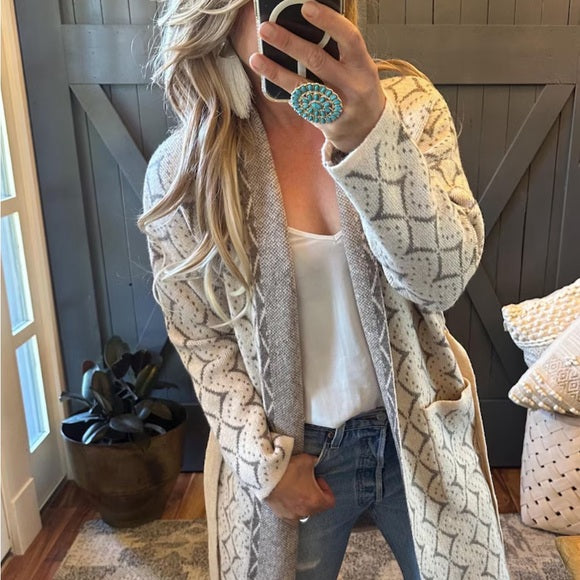 Selfie Handmade The Henry Faire Isle Geometric Print Long Belted Cardigan Sweater by Lavender Tribe Design. Darling Western geometric argyle pattern on the softest cotton base.