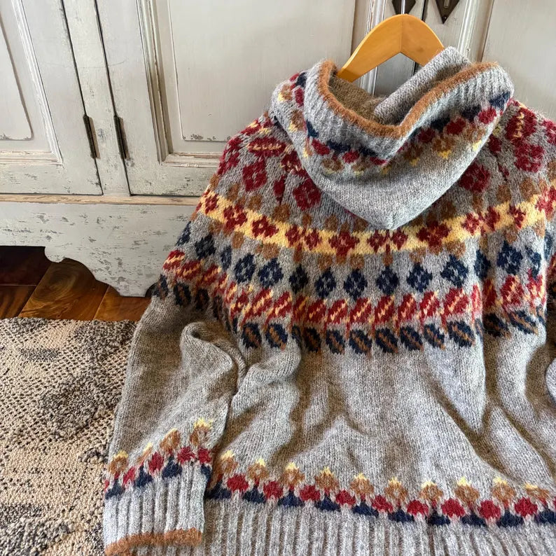 Soft Fair Isle Knit Hooded Cardigan Sweater by Lavender Tribe Design.
+ Heirloom Quality Thick Soft Knit with a fair isle inlay pattern