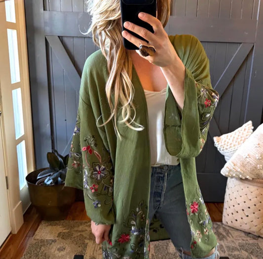 Twisp Embroidered Floral Green Cardigan Kimono - Lavender Tribe