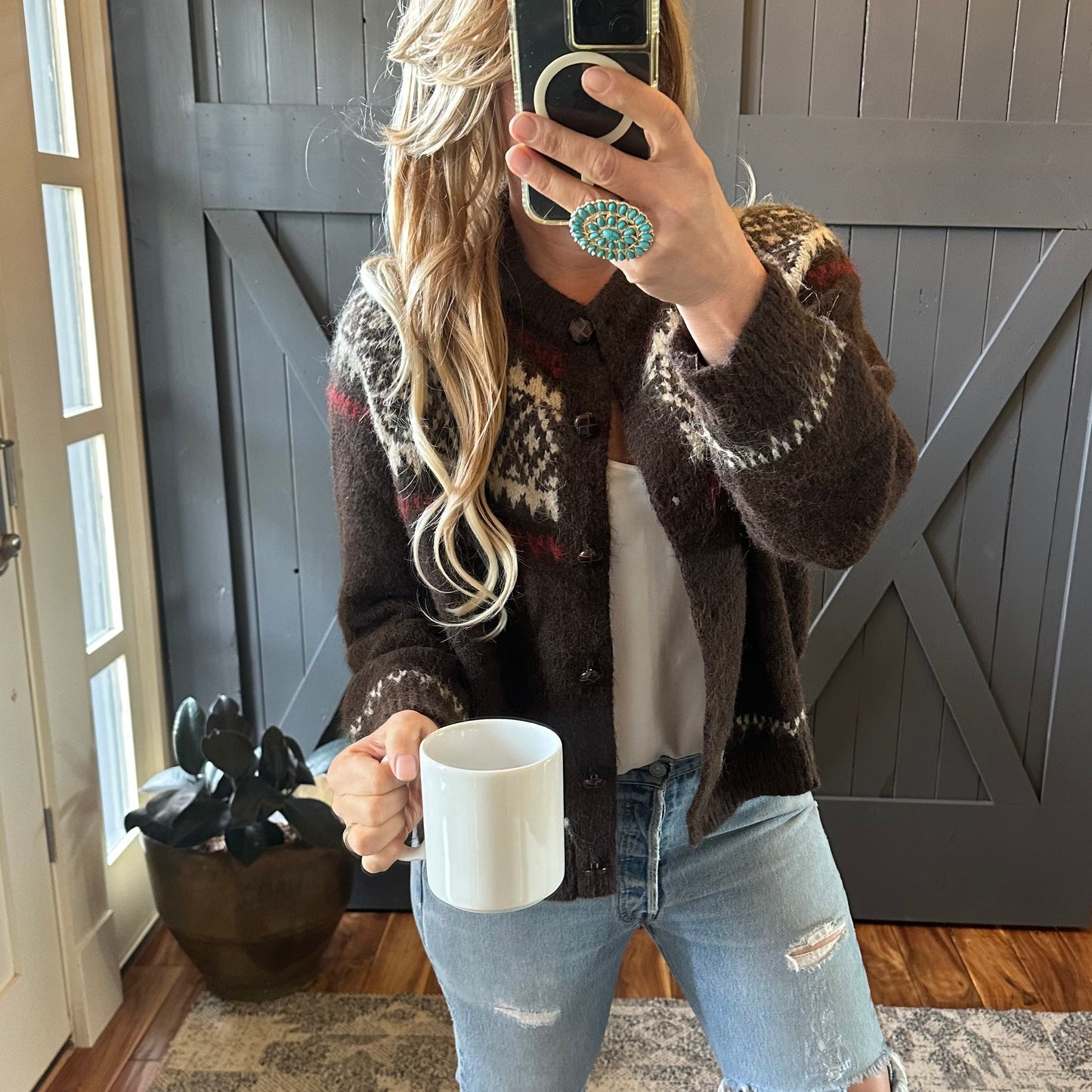 Fair Isle Brown Cardigan Sweater