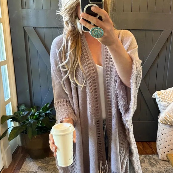 Model View Western Grey Cozy Womens Western Fringe Cardigan USA Made 