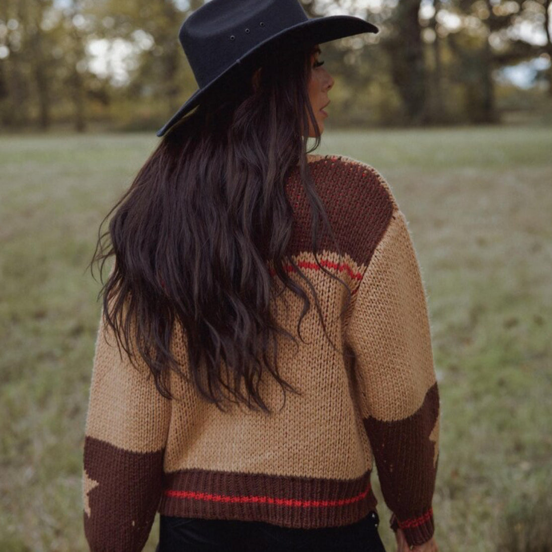 Person wearing a patterned sweater and dark hat standing in a field
