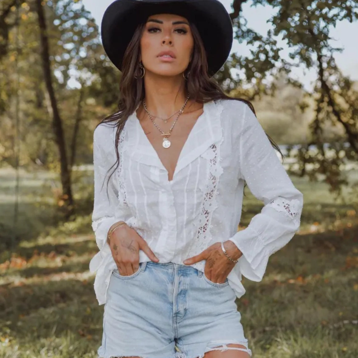 Harlow Long Sleeve Button Front Lace Blouse