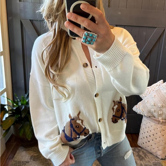 Western Rodeo Outfit Horse Sweater Turquoise Jewelry Boots Model Outfit 