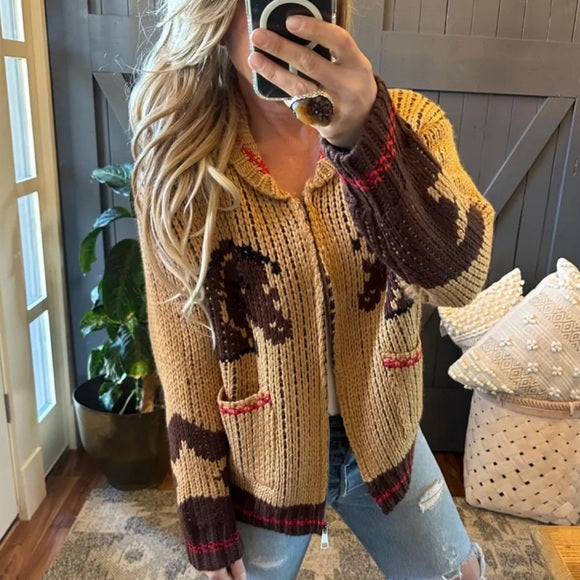 Western Cowichan Horse Knit Cardigan Sweater - Lavender Tribe