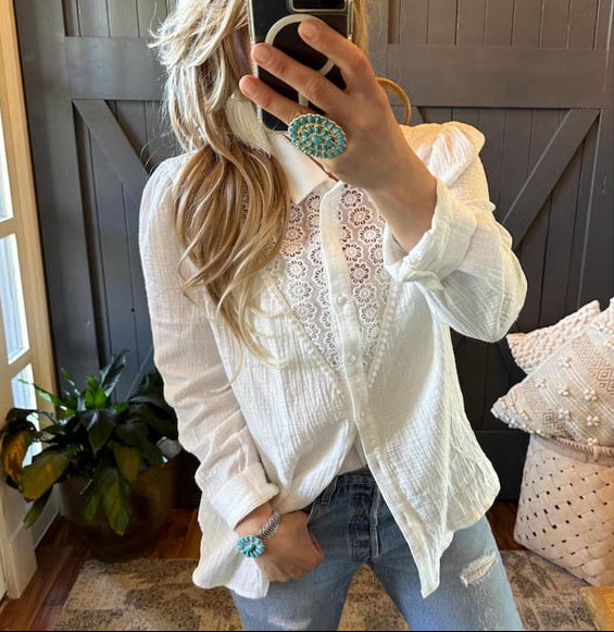 White Blouse With Denim Jeans and Turquoise Jewelry 