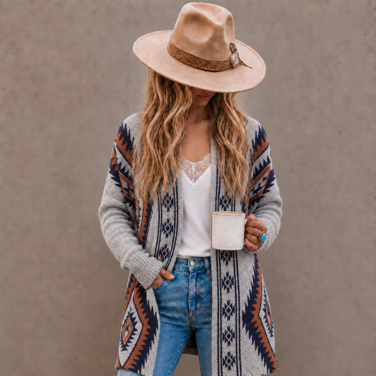 A woman wearing a beige wide-brim hat, a gray cardigan with a colorful geometric pattern, a white top, and blue jeans, holding a white mug against a neutral gray background.