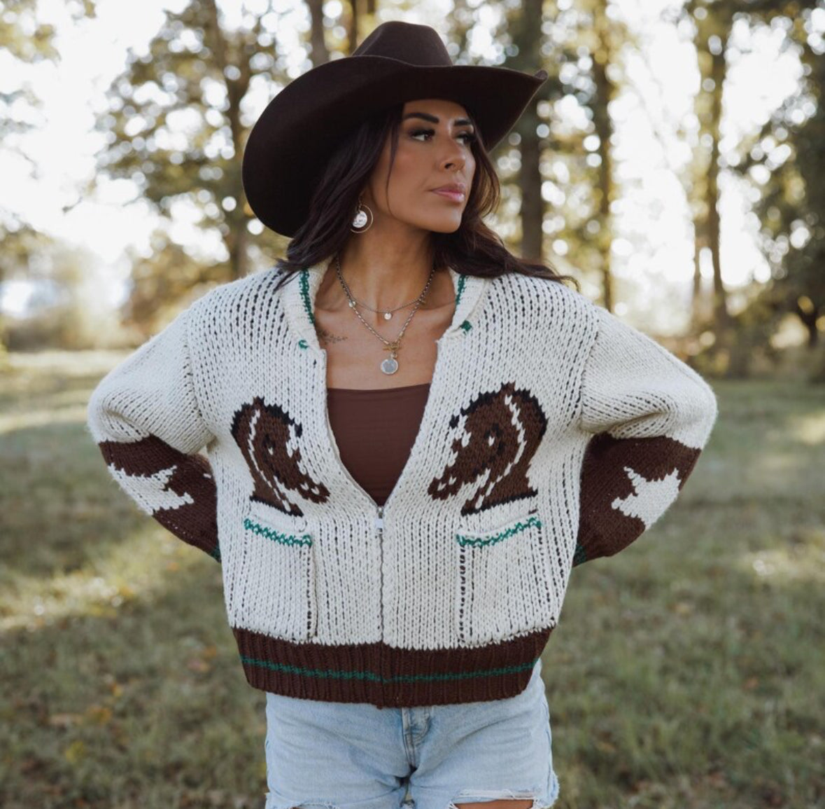 Woman wearing a patterned sweater with horse designs outdoors.