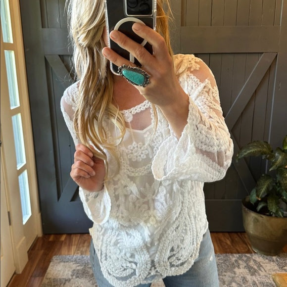 Quincy White Crochet Long Sleeve Lace Blouse