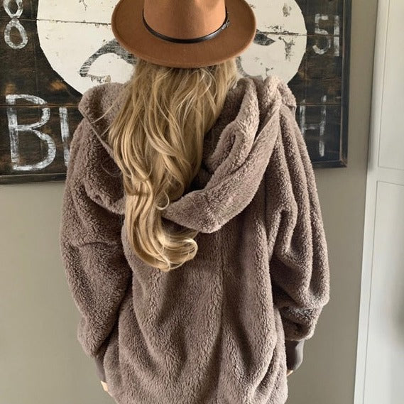 Feather Lodge Teddy Hooded Cardigan Sweater Coat in Brown